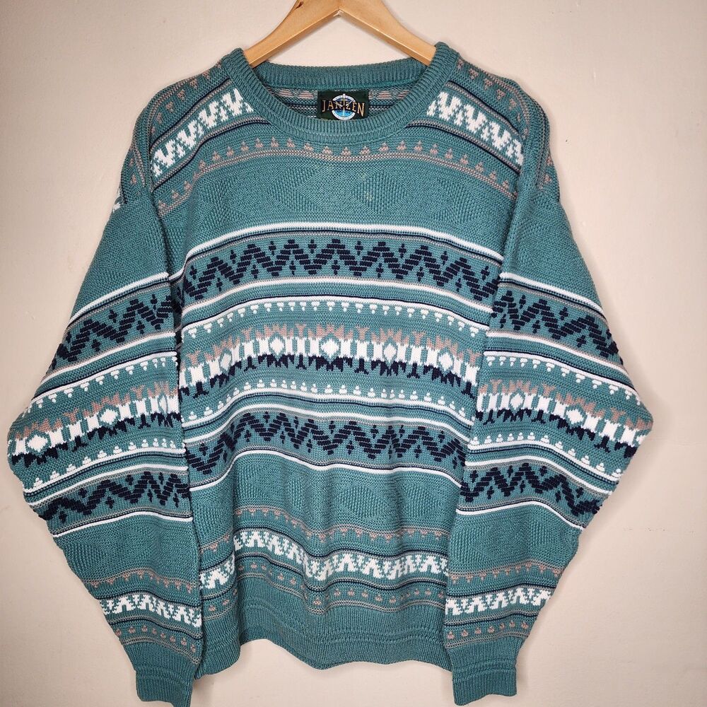 Vintage 90s Jantzen Sweater Mens Large Teal Green Geometric Southwestern USA - Picture 10 of 11